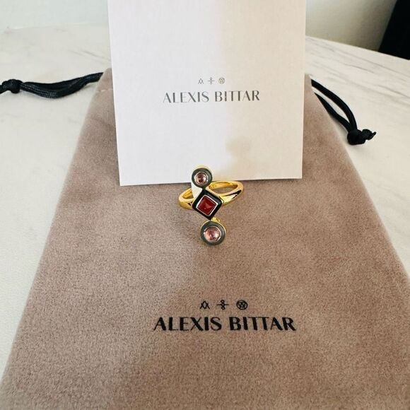Alexis Bittar Vitreum 14K Goldplated Carnelian Amethyst Linear Ring, Size 8 NWT - Picture 2 of 14